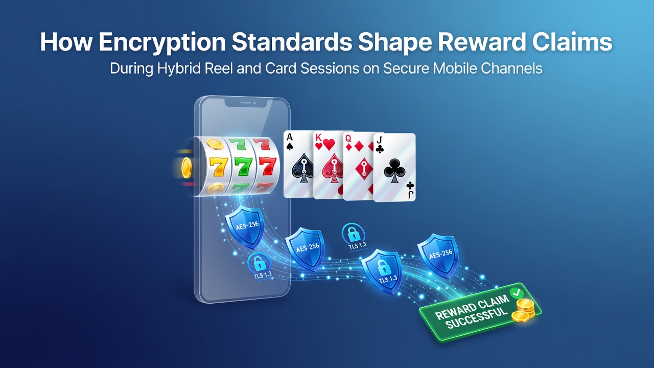 Mobile device displaying hybrid reel and card game interface with encryption indicators