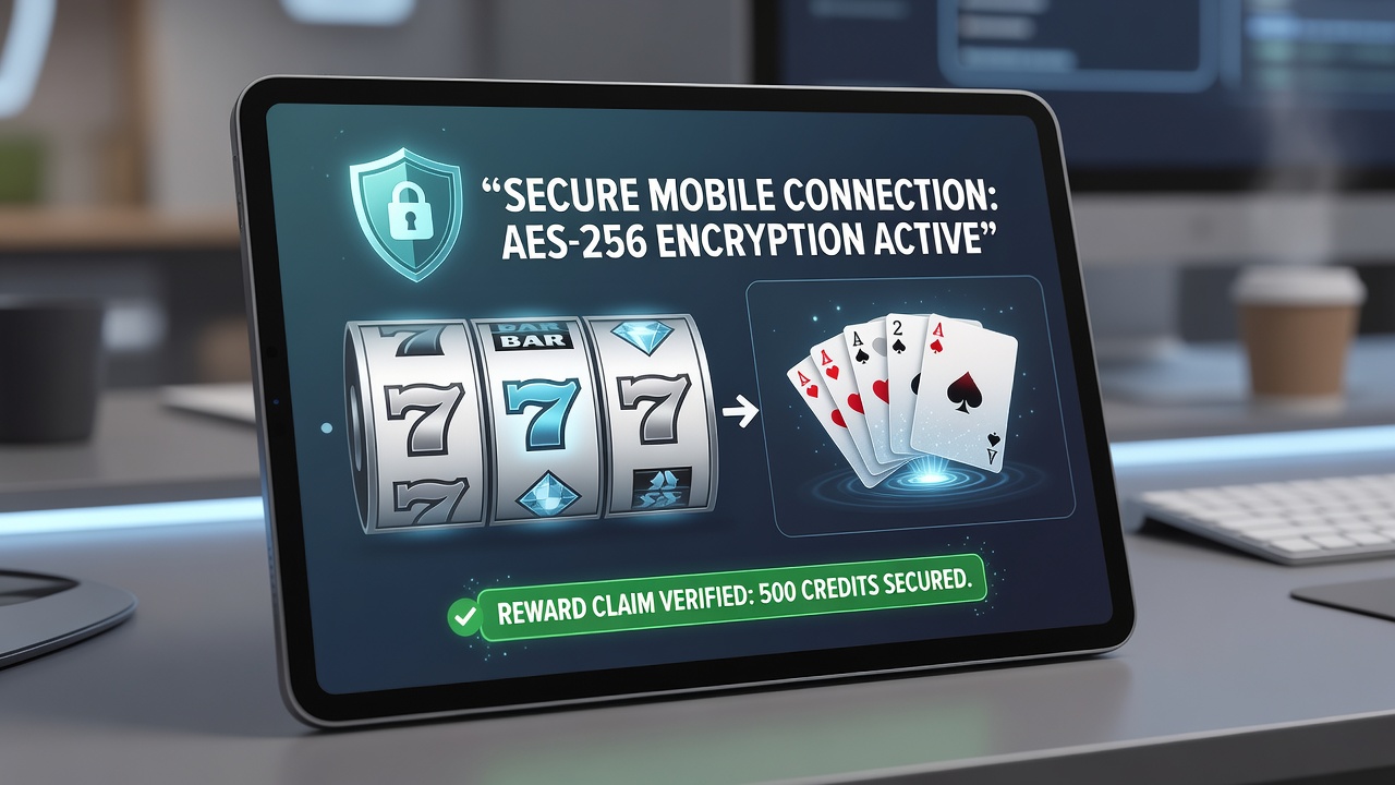 Secure mobile app interface showing encrypted reward claim confirmation during hybrid gameplay