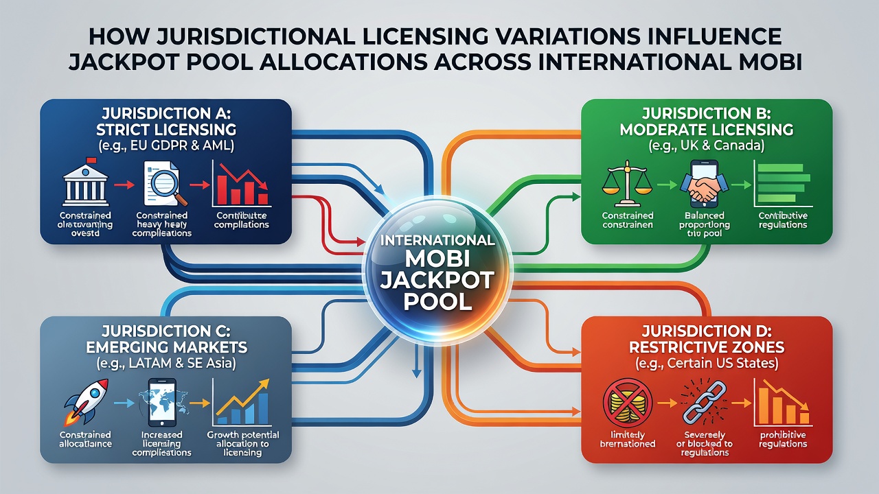 Mobile slot interface displaying regional licensing indicators and jackpot contribution breakdowns