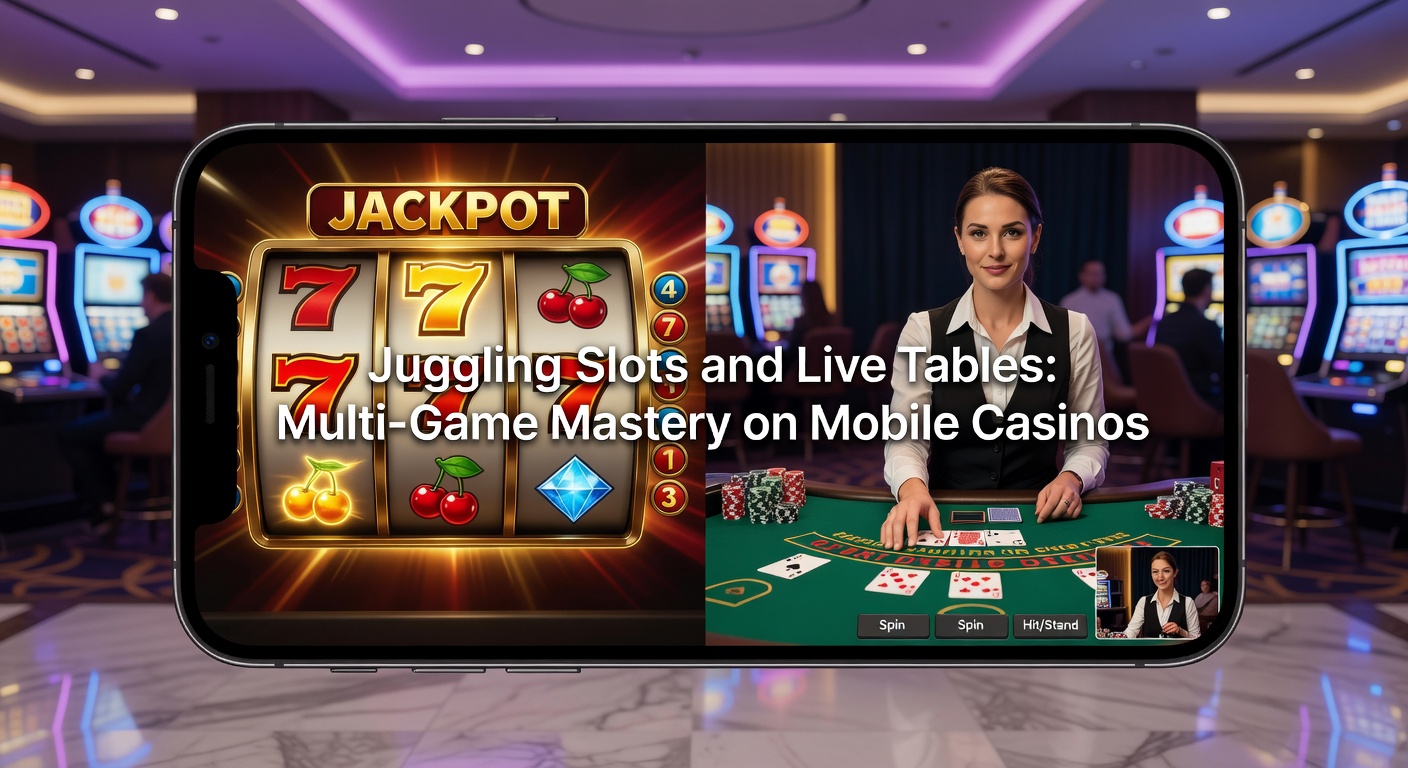 Mobile screen showing slots spinning alongside a live blackjack table with dealer visible, illustrating multi-game play
