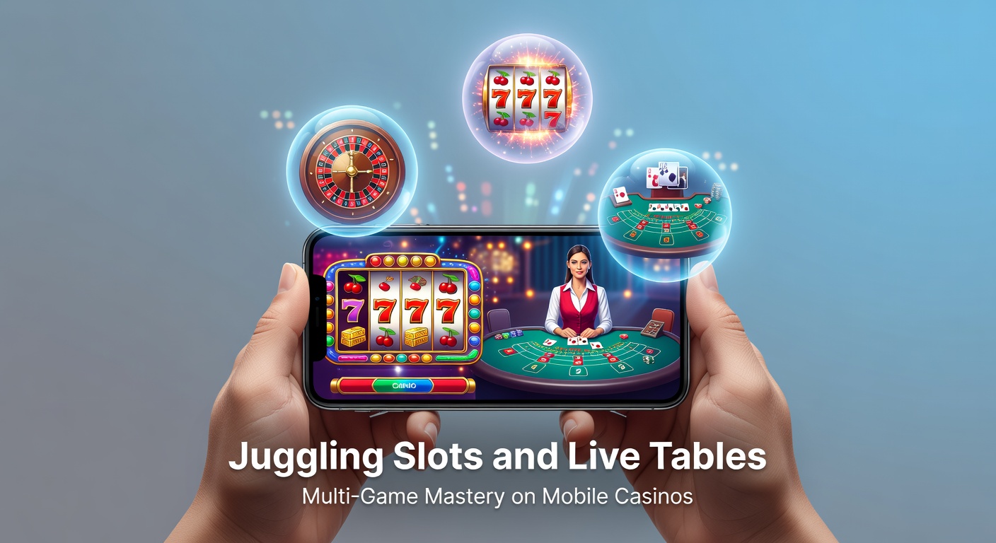 Close-up of mobile casino app interface with split-screen view: colorful slot reels on one side and live roulette wheel with dealer on the other