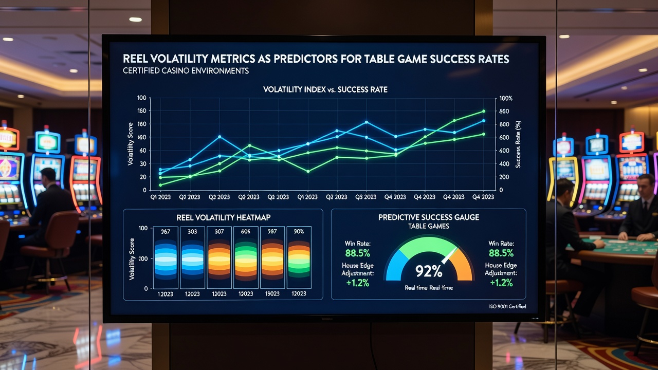 Casino floor layout showing proximity between slot banks and table game sections with volatility indicators