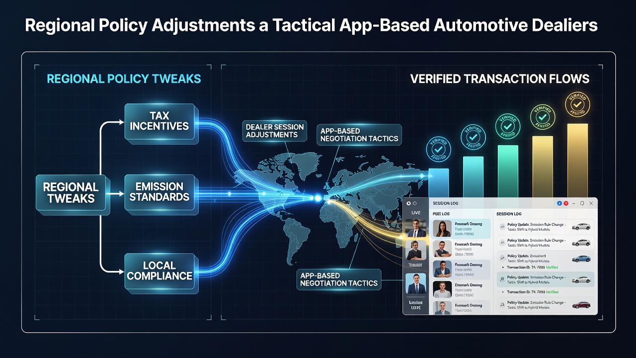 Regional policy documents and mobile app interfaces showing verified transaction flows in live dealer sessions